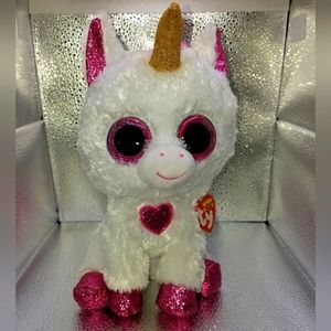 Ty Beanie Boo Plush 9" Cherie White w/Gold Unicorn & Pink Glitter Eyes,Ears,Feet